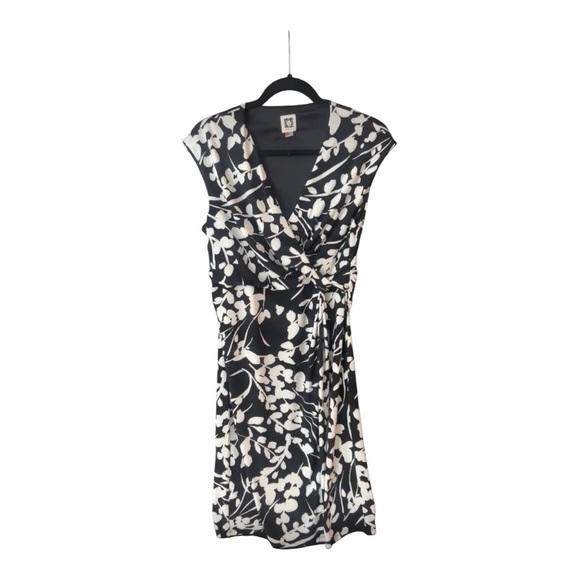 Anne Klein Black White Floral Sleeveless Surplice Wrap Midi Cocktail Dress Sz. M - Picture 1 of 17